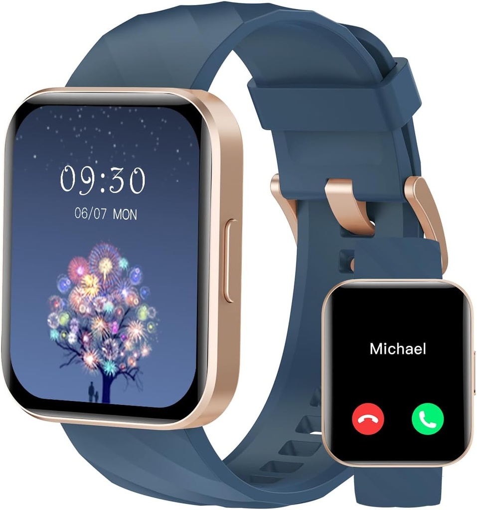RUIMEN Smart Klokker For Kvinner Menn (Svar/Svar) Kompatible med iPhone/Android Phones, 1.85" HD-skjerm Fitness Tracker hjertefrekvens Monitor 100+ Sports Tracker Watch Vanntett (Blue)