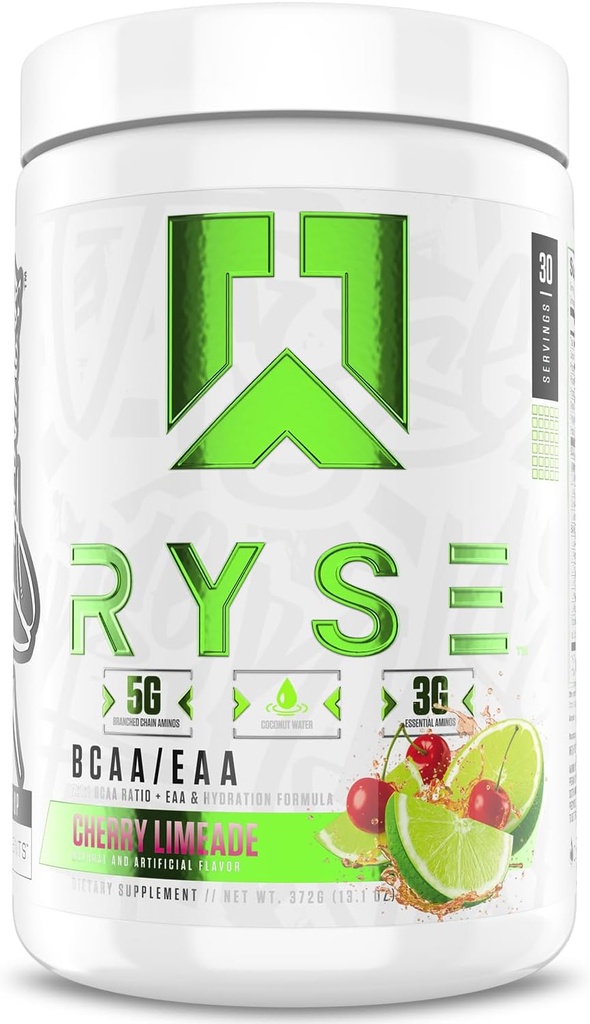 RYSE BCAA EAA pulver - Cherry Limeade - 5g Branched kjede Aminosyrer, 3g Essential Aminos, sukkerfri elektrolytter for pre & post trening muskelgjenvinning, Hydration og styrke - 30 Serveringer