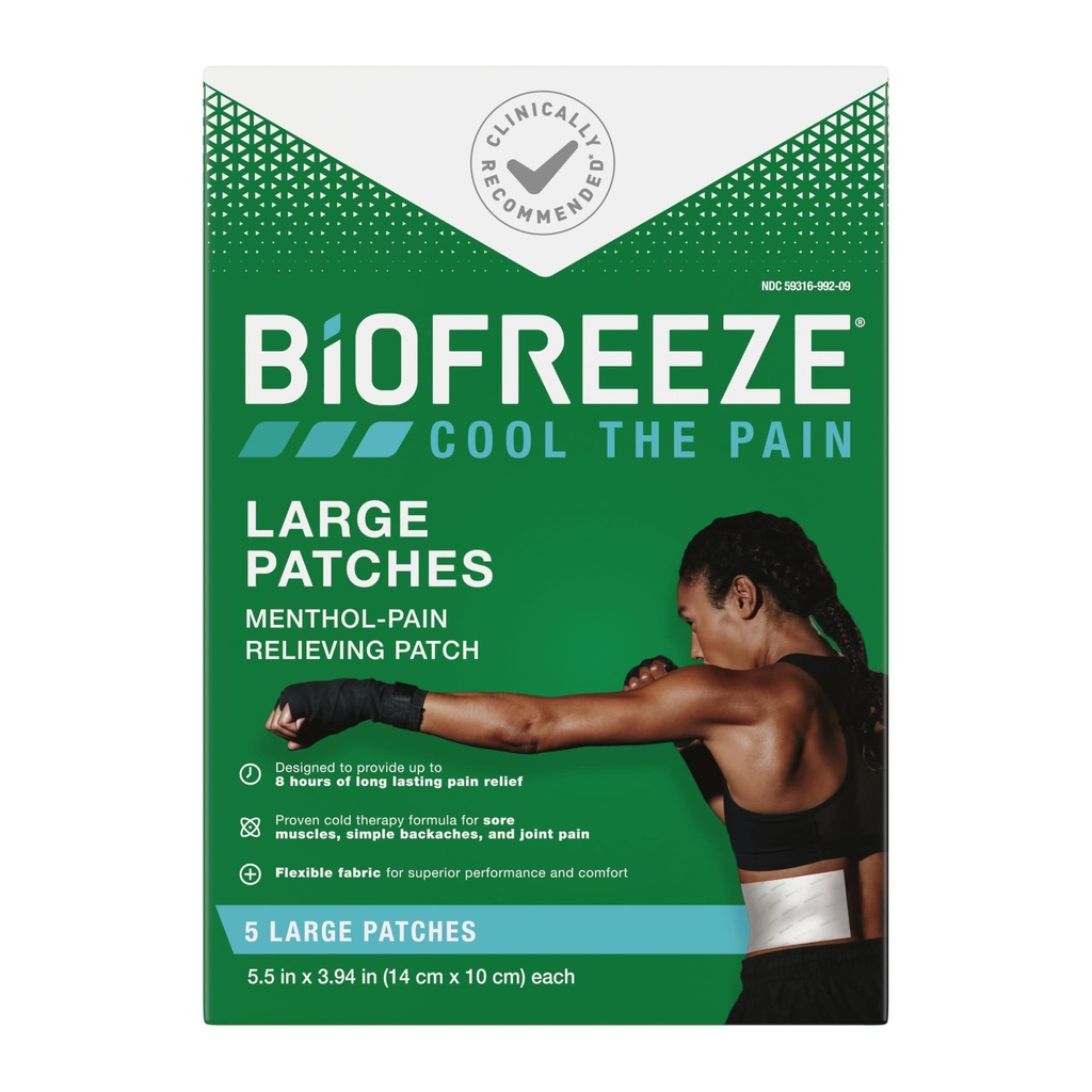 Biofreeze store smertelindringsplaster, Menthol smertepatcher for nedre rygg, hals, kne, & skulder, komfortable og fleksible stoff opphold på plass, FSA kvalifisert, 5 ct