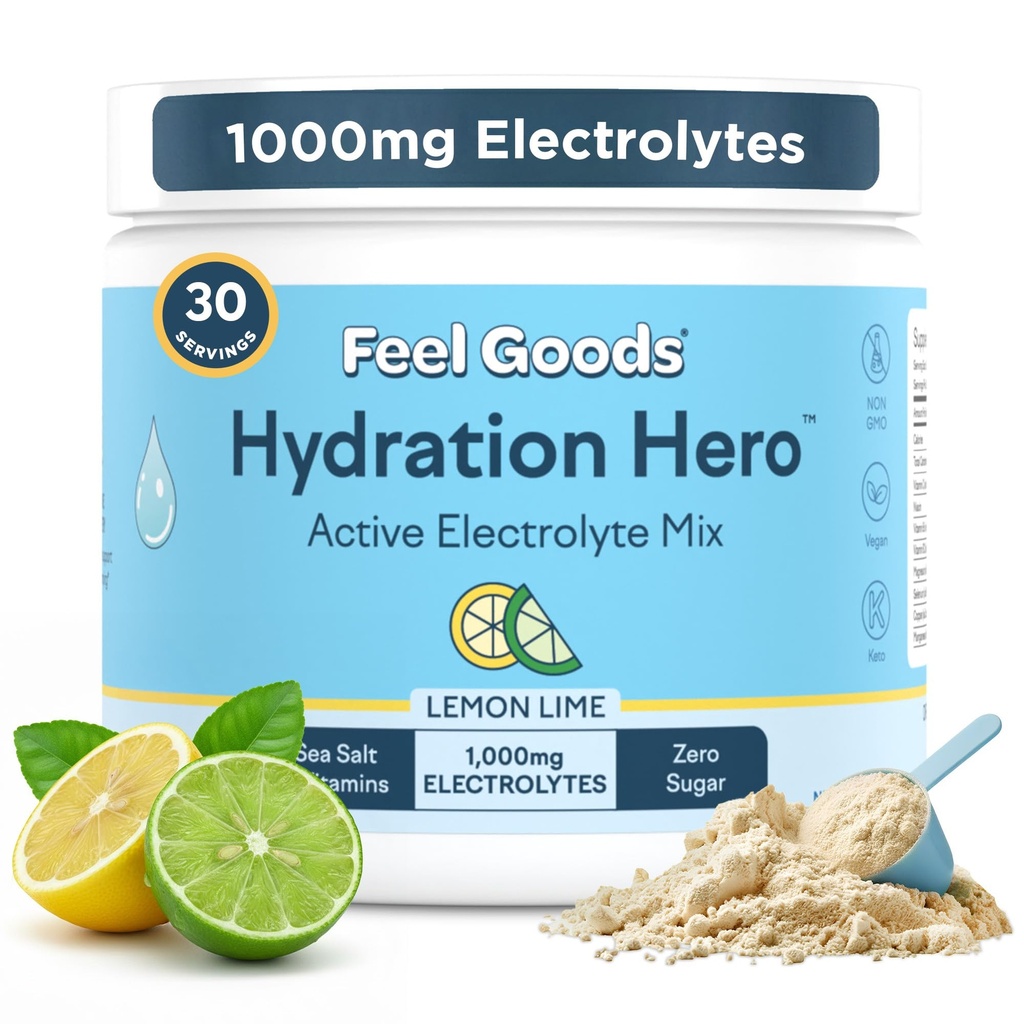 Feel Goods Hydration Hero, 1000 mg Elektrolytter pulver, sukkerfri, magnesium, organisk aloe Vera, organisk aloe, L teanin, vitamin C & B12, ikke GMO, keto, vegansk citron lime, 30 serveringer