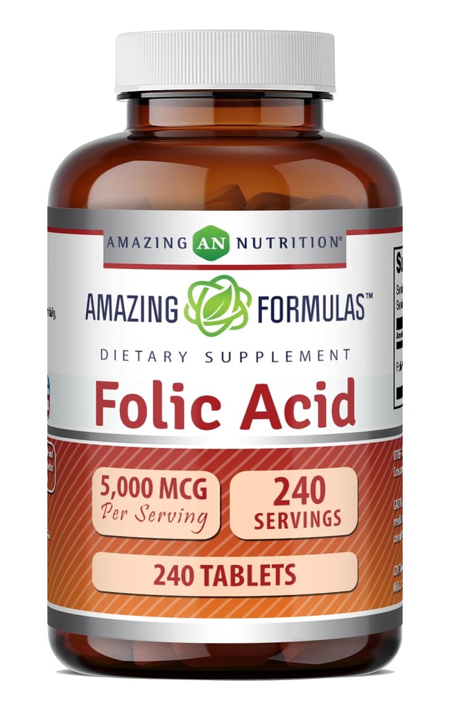 Amazing Formler Folic Acid Supplement | 5000 Mcg | Tabletter ikke-GMO | Glutenfri | laget i USA (240 Count)