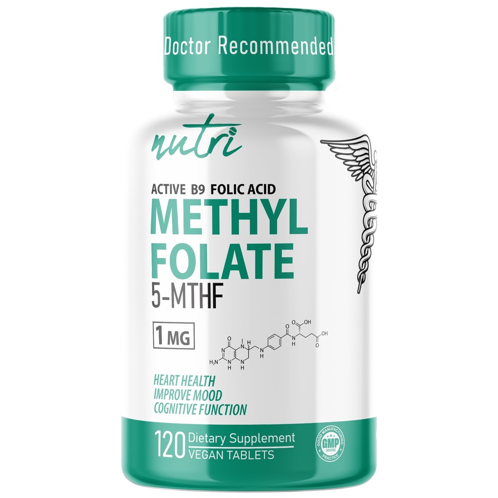 Nutri 5-MTHF L Metylfolat 1MG - 4 måneders forsyning, 120 vegantabletter - Metylert Folat Supplement - Kognitiv funksjon, hjertehelse, prenatal støtte - 3. part testet - NSF sertifisert fasilitet