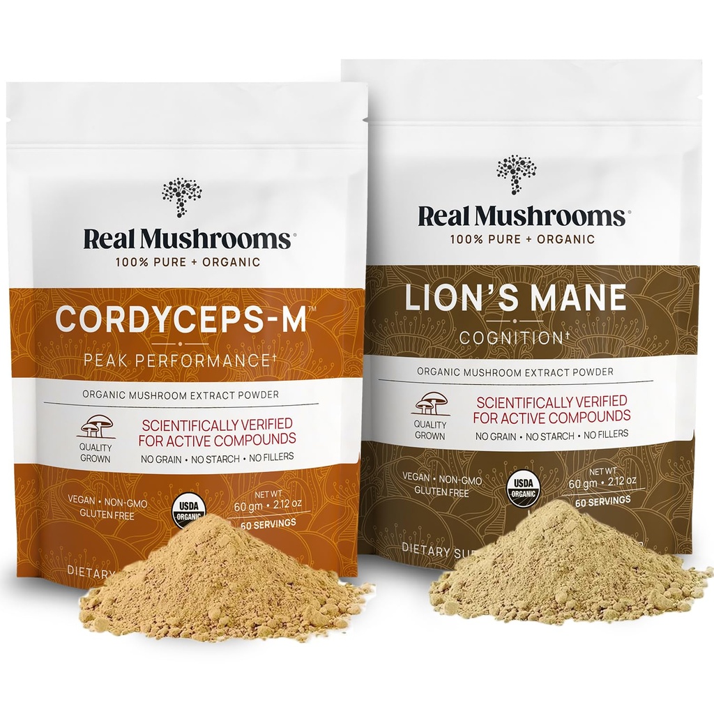 Lions Mane (60g) og Cordyceps (60g) Mushroom Extract Powder Bundle - Mushroom Supplement for kognisjon, energi og utholdenhet