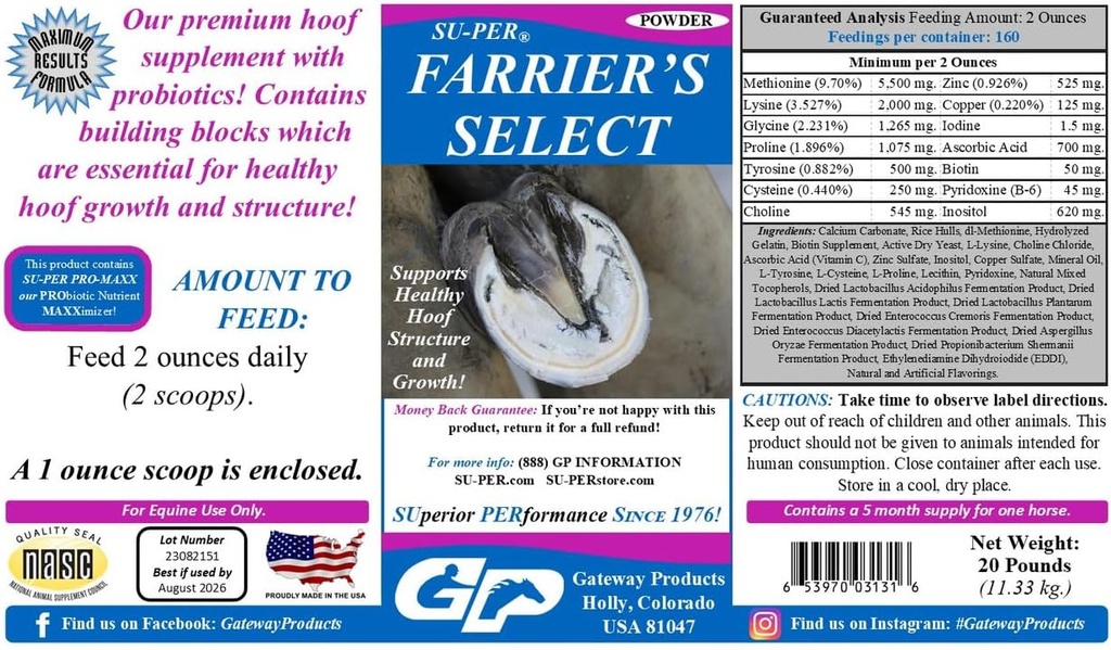 SU-PER Farrier's Select Hoof Supplement - Horse Premium Hoof Care Supplement med probiotika - Sunn Hoof vekst - 20 pund, 5 måneders forsyning