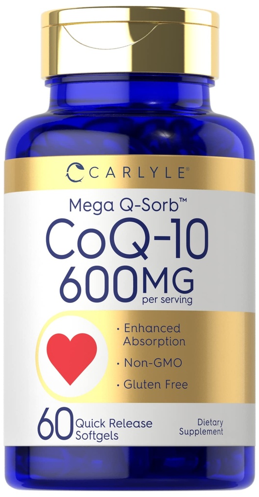 Carlyle CoQ10 600 mg Softgels | 60 greve Mega Q-Sorb Coenzym Q-10 | med svart pepper ekstrakt | Ikke-GMO & Glutenfri Supplement