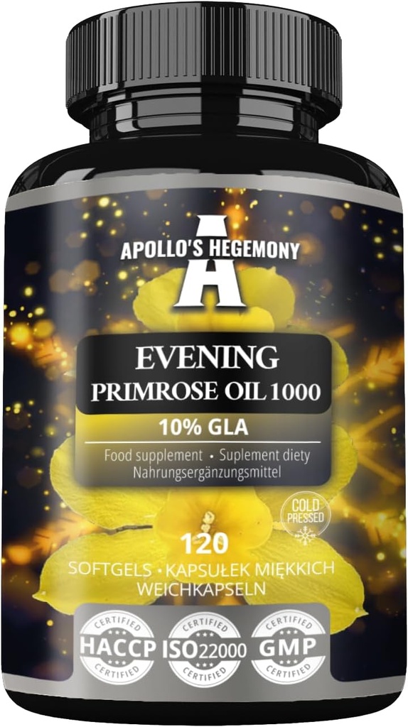 APOLLO'S HEGEMONY Kveld Primrose Olje 1000 mg med vitamin E - Inneholder 100 mg GLA-syre - 120 Softgel kapsler - 4 måneders forsyning - Diett Supplement for å støtte Hormonal balanse og hud helse