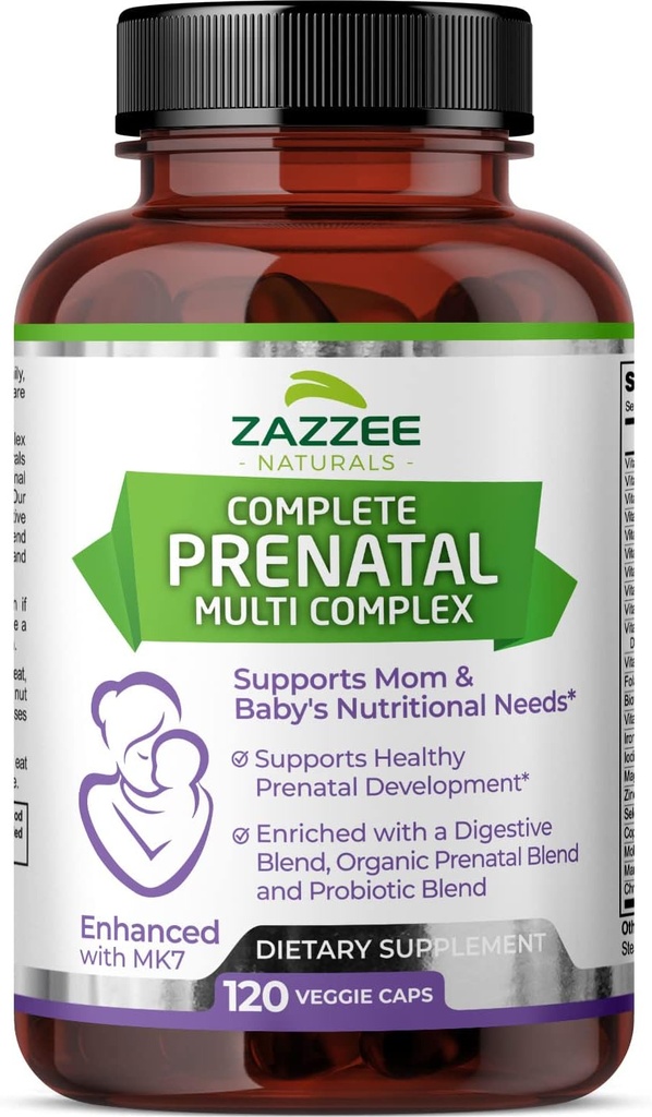 Zazzee ekstra styrke komplette prenatal multikompleks, 120 vegansk kapsler, 2 måneders forsyning, 23 essensielle vitaminer og mineraler, MK7, 10 milliarder CFU probiotika, prenatal enzymer, organisk urteblanding