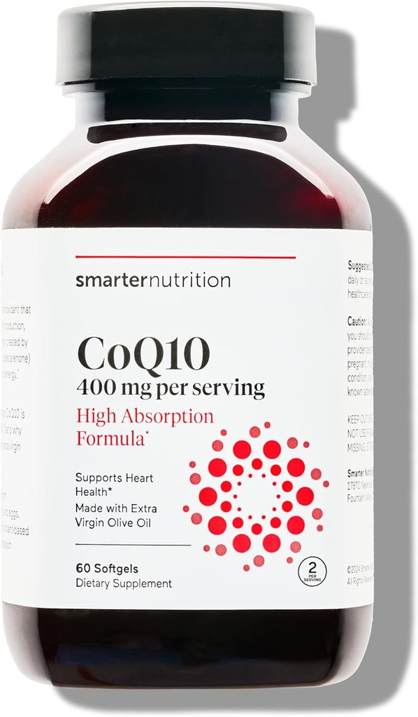 SMARTERNUTRITION CoQ10 400 mg høy absorpsjon - naturlig Fermentert Ubiquinon w/Organic kaldpresset olivenolje - for hjertehelse, cellulær energi - ikke-GMO, Glutenfri - 60 teller[30-dagers forsynings]