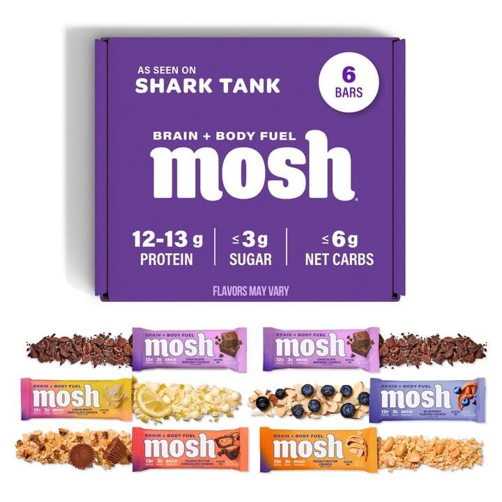 MOSH Variety Pack Keto Protein Bars, Høy Fiber, Lavkarbohydrat, Glutenfri, Høy Protein, Hjernen Sunn Snack med Ashwagandha, Lions Mane, 6 greve