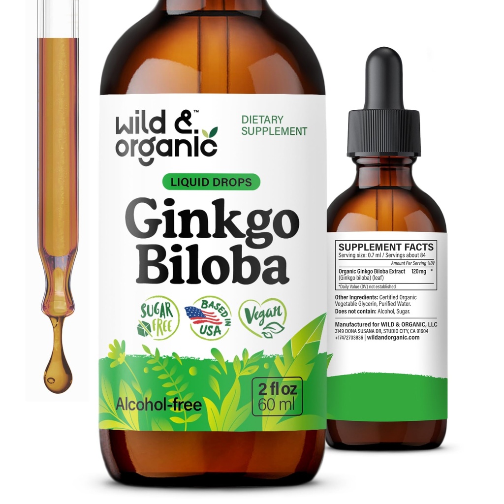 Wild & Organic Ginkgo Biloba Tinktur - Brain & Focus Støtte med Ginkgo Leaf Supplement - Vegansk, Sukker og alkoholfri Herbal Extract Tinktur - 2 fl oz