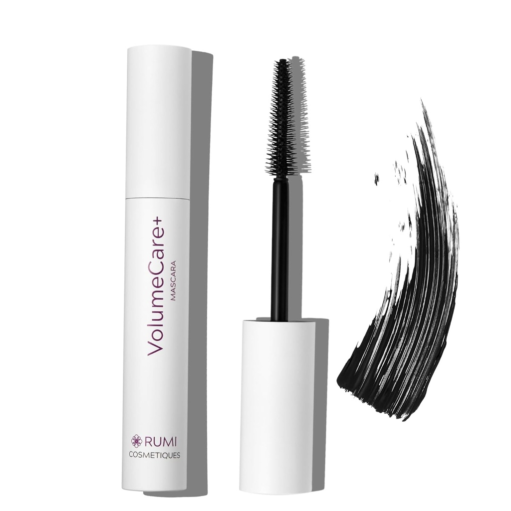 Rumi Cosmetiques VolumeCare+ Mascara For eldre kvinner - Ekstrem lengde og volum 2-i-1 Formel - Ingen klumper, lang slitasje, Hypoallergenic Mascara For sensitive øyne (naturlig svart)