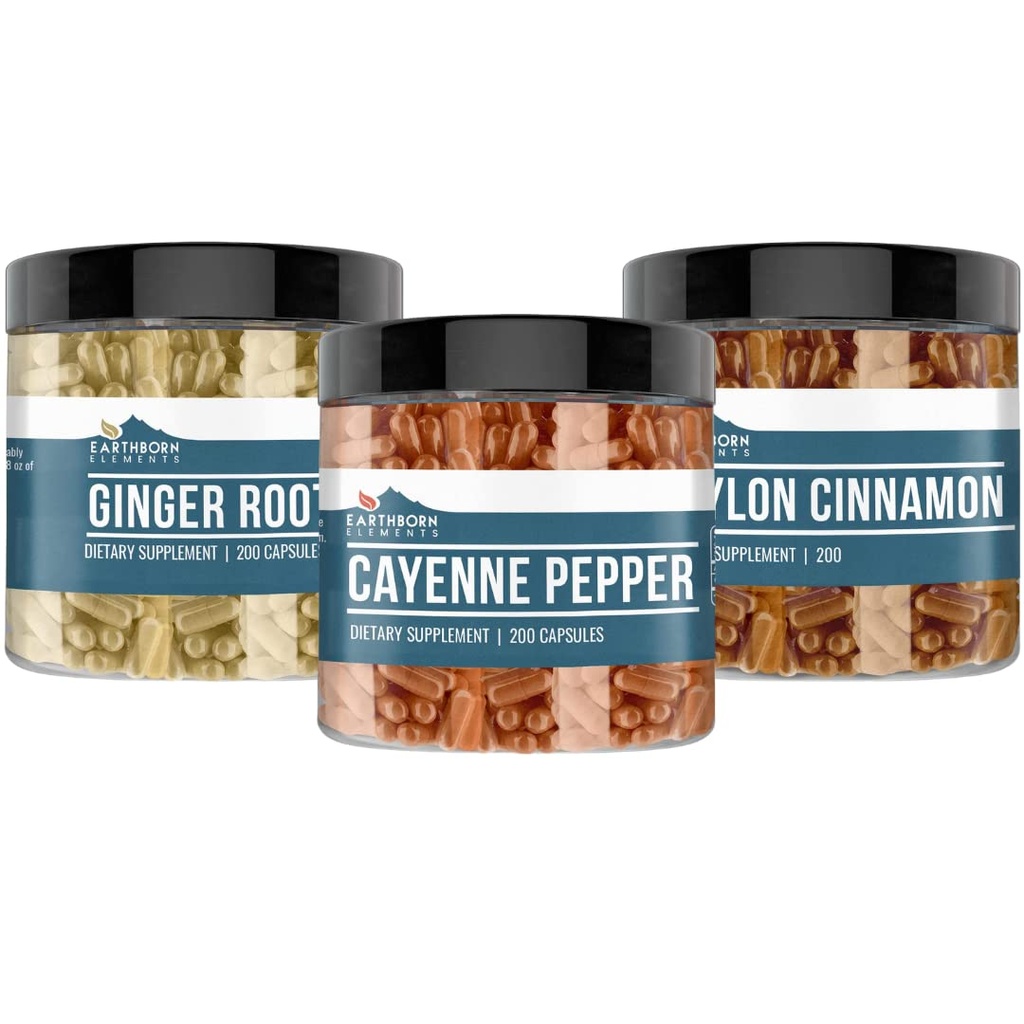 Earthborn Elements Cayenne Pepper, Ceylon kanel og Ginger Root Bundle (200 kapsler hver), ren og ufortynnet, Ingen tilsetningsmidler