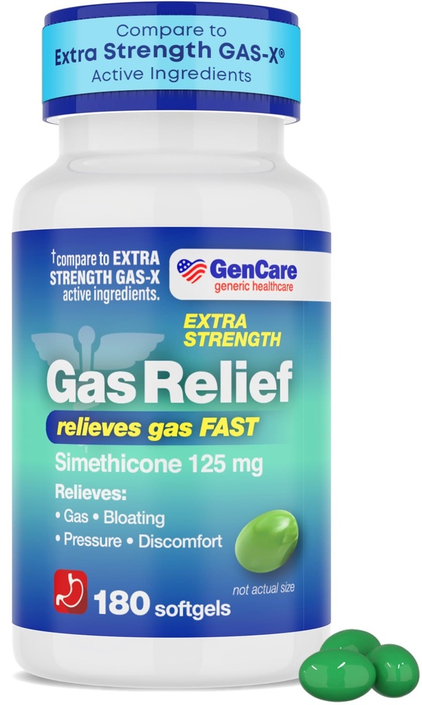 GenCare -Extra Styrke Gass Relief Simeticone 125mg (180 Softgels) Maks styrke Anti Gasspiller for utblåsende relief, trykk og dekomfort - Sammenlign med Generisk Ekstra Styrke Gas X