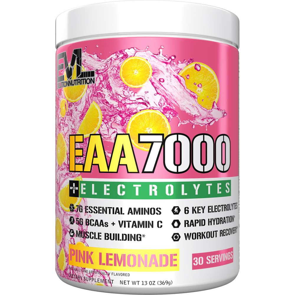 Evlution Nutrition EAA7000 + elektrolytter - Pre & Post Trening pulver - Muskelbygging + Recovery Supplement - 7g EAA + 5g BCAA + 6 Nøkkelelektrolytter - Rapid Hydration - 30 Serveringer - Pink Lemonade