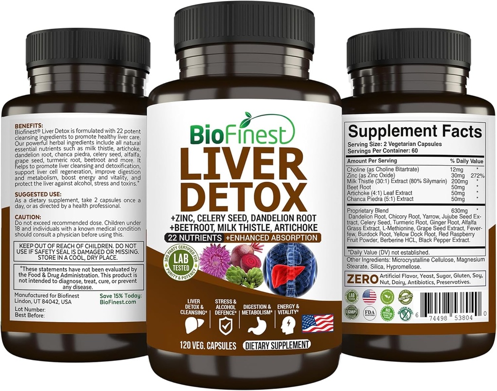 BioFinest Liver Detox Supplement - 22 Næringsstoffer Melk Thistle Artichoke Celery Seed Chanca Piedra Beet Root Dandelion Turmeric Ginger - Alkohol rense energi Digestion Metabolisme (120 Veg. Kapsler)