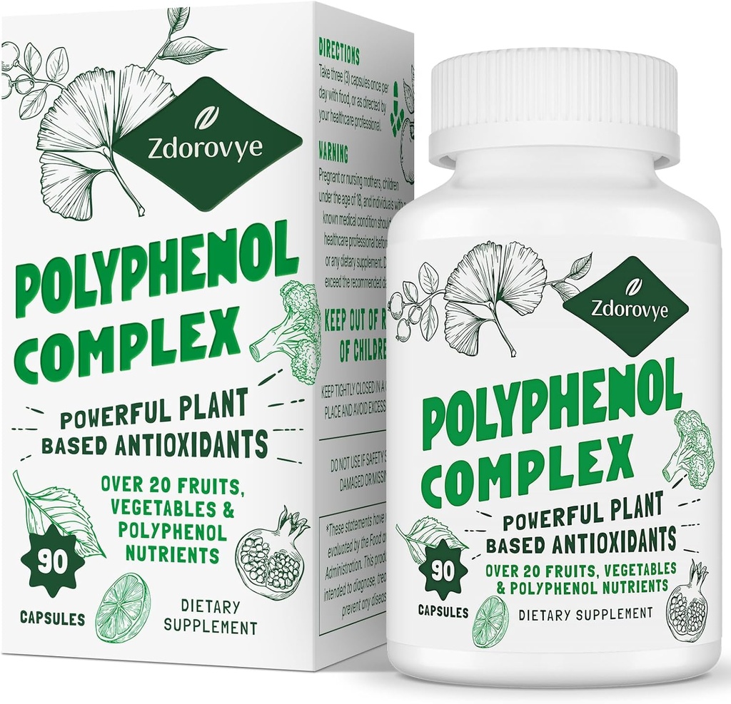 20-i-1 polyfenoler Supplement over 20 frukter, grønnsaker og polyfenoler, kraftige antioksidanter, Quercetin, Resveratrol, Turmeric, Grønn te, polyfenoler for aldersforsvar, energi og immunforsvar, 90 kapsler