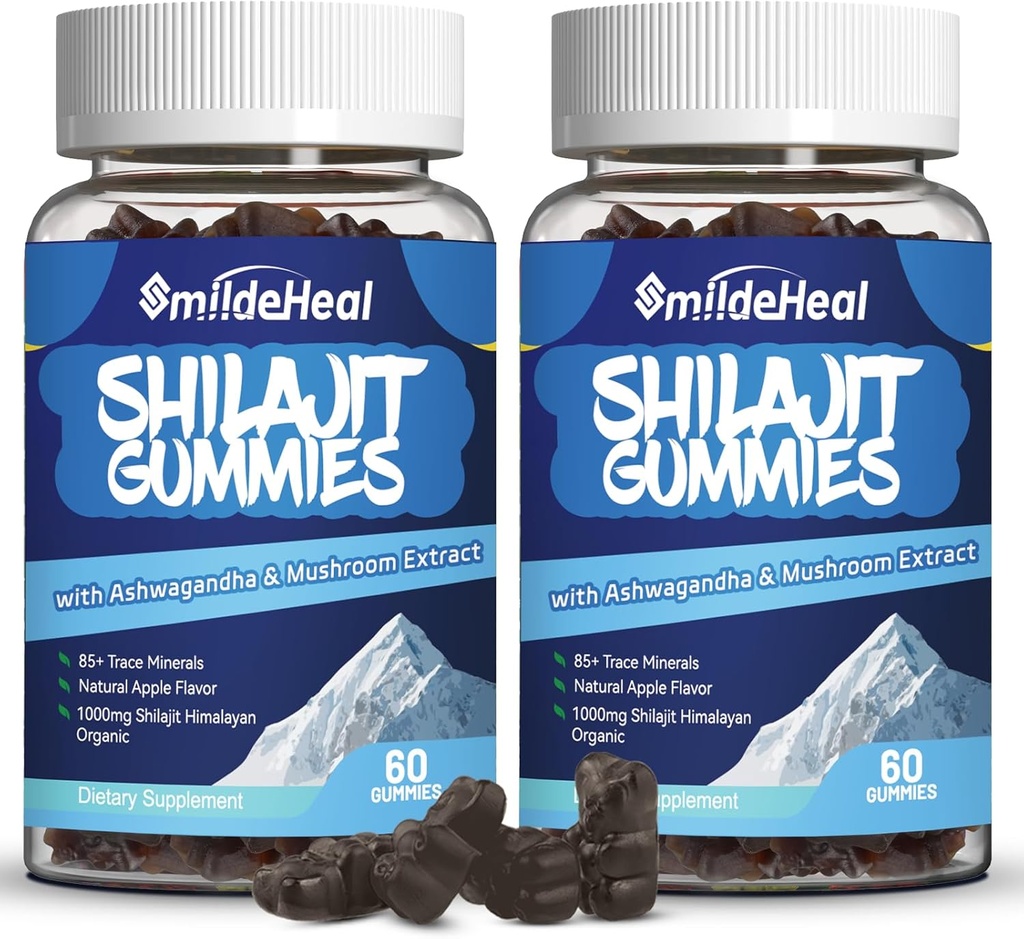Shilajit Gummies 1000 MG, Organic Shilajit Supplement, 85+ Trace Minerals, med Ashwagandha, Mushroom - Energi, hjerne, immunitet støtte, for menn og kvinner - 120 greve