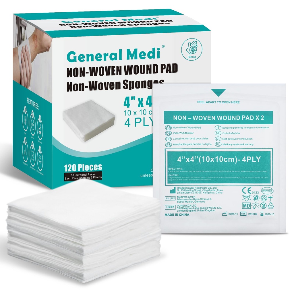 General Medi Sterile Gauze Sponges, 4" x 4" Ikke-Woven sår pads - Individuelt omringet høy absorbent sponges pads for å pusse mindre sår, kutt og brenner sår omsorg (60 pakker, 120 stykker totalt)