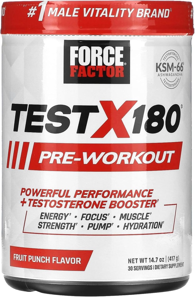 FORCE FACTOR Test X180 Pre-Workout pulver & energi Supplement, Øk fokus og utholdenhet, Bygge muskler og styrke, Nitric Oxid Supplement med Ashwagandaha & L-Citrulline, Fruit Punch, 30 serveringer