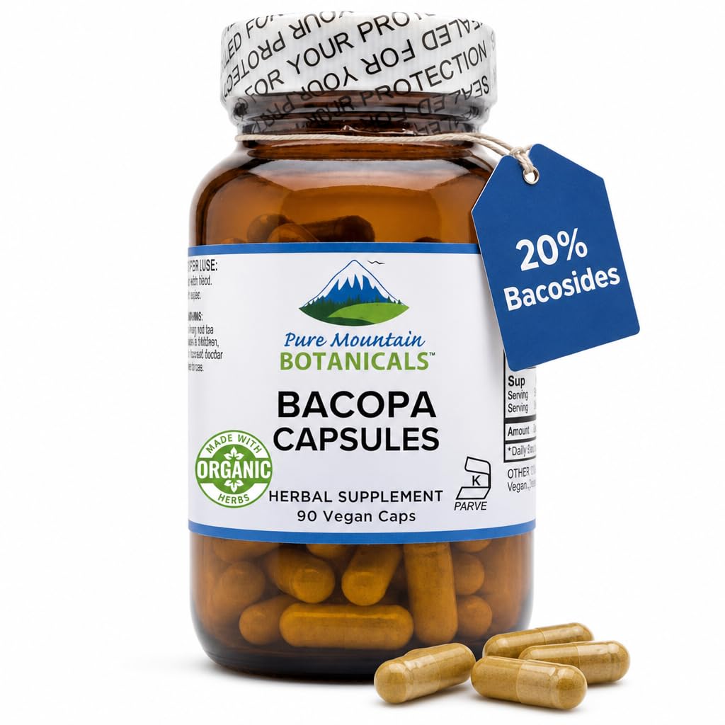 Pure Mountain Botanicals Bacopa Monnieri kapsler - Vegan Caps med organisk Bacopa & standardisert Bacopa Extract Supplement
