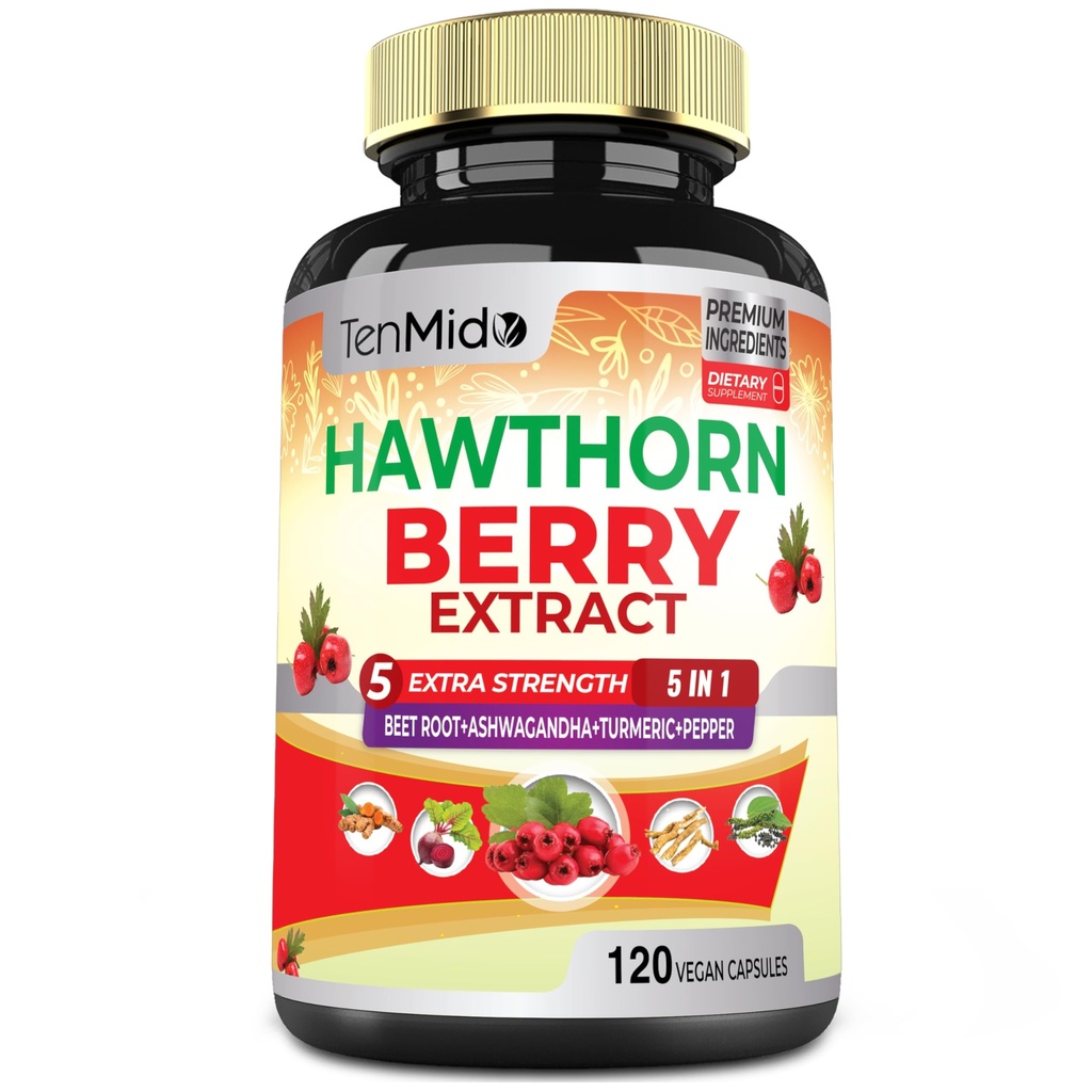 Hawthorn Berry Supplement Ekstrahere Kapsler - 120 Vegan Kapsler i 4 måneder - Kombinert Beet Root, Ashwagandha, Turmeric Curcumin & Black Pepper