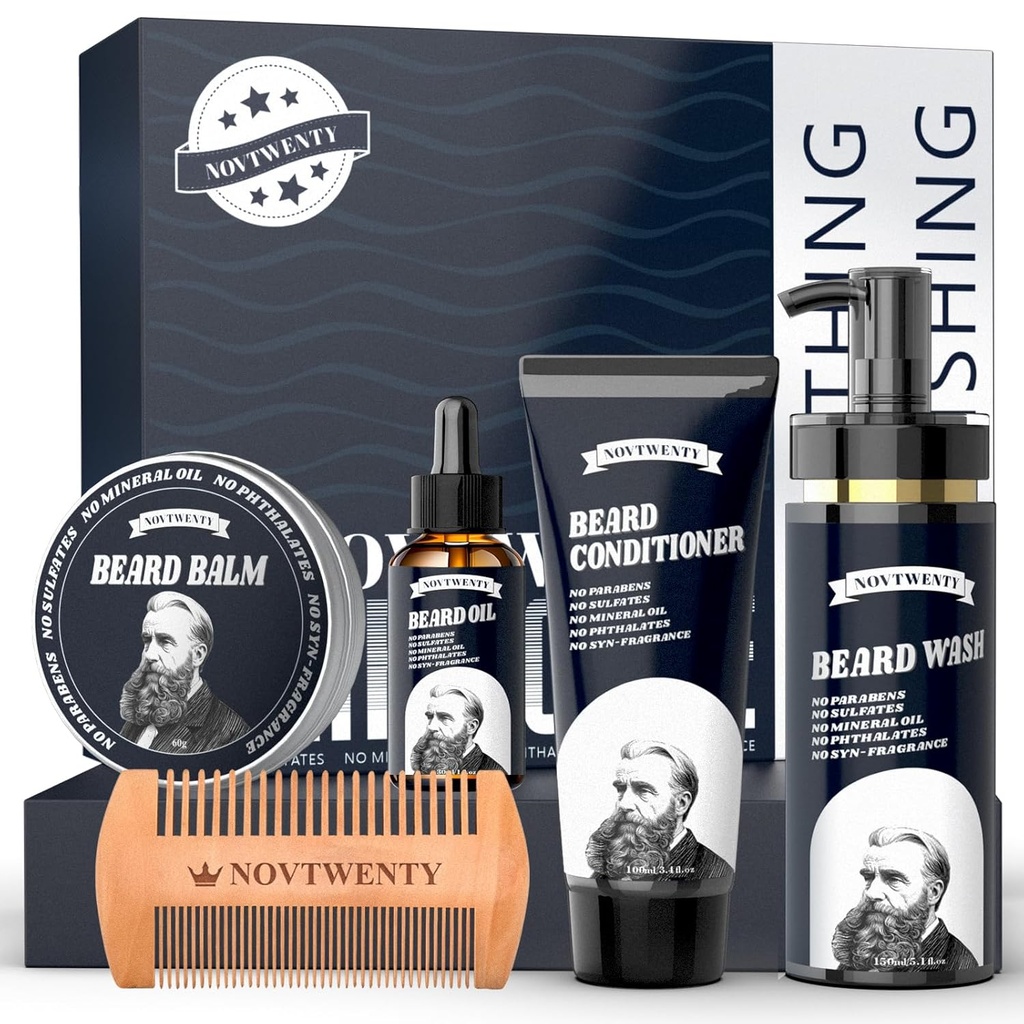 Skjeggvekstsett - Mobiuty menns Beard Care Kit med naturlige ingredienser, inkluderer Skjeggvask, Skjeggolje, Beard Conditioner, Beard Balm og Beard Comb, Gavesett for kjæresten ektemann Fars