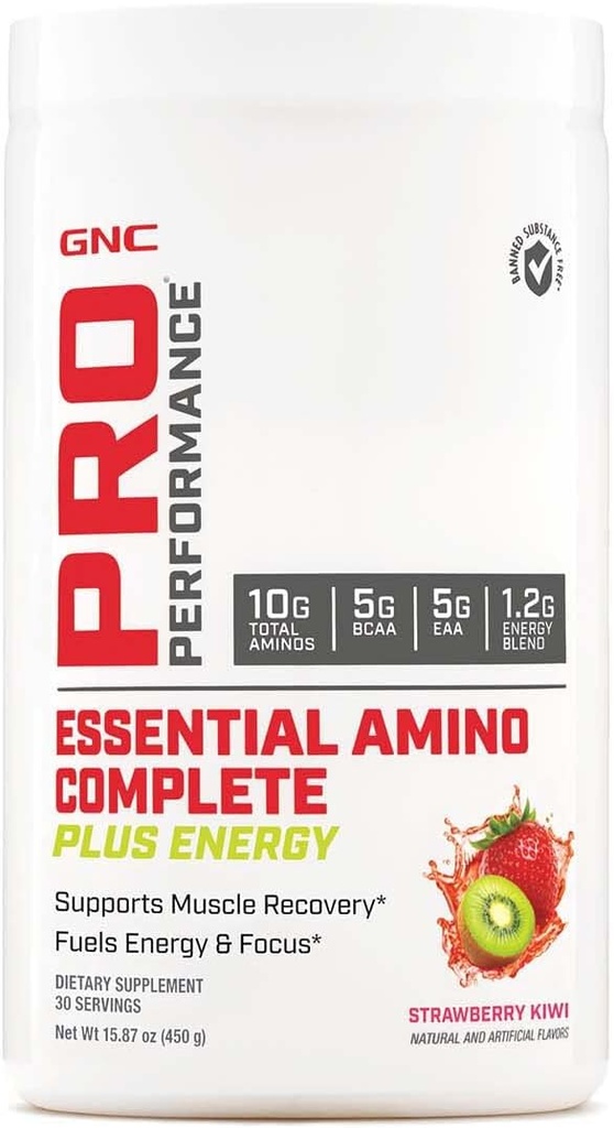 GNC Pro Performance Essential Amino Complete Plus Energy, støtter muskelgjenvinning, Strawberry Kiwi, 15,9 oz.