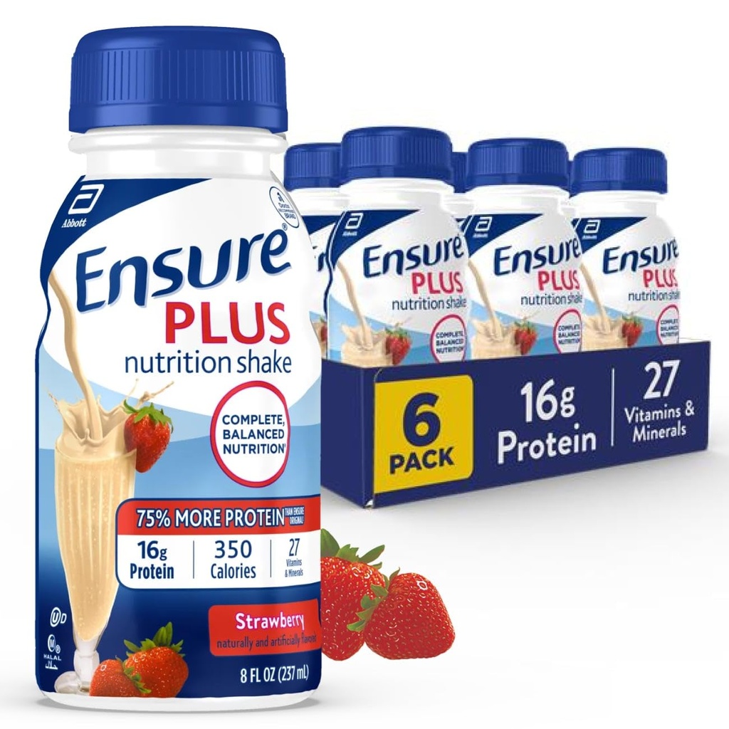 Sikre Plus Jordbær Ernæringshake | Måltid Erstatningsshake | Klar til å drikke | 16g Protein og 27 Vitaminer og mineraler | 8 fl oz - 6 Pack