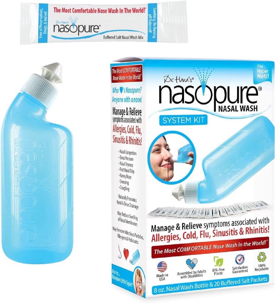 Nasopure Nasal Vaske, Systemsett, \"The Nicer Neti Pot\" Sinus Vaske Kit, Komfortabel Nasal rens 8 Oz Flaske og 20 Saltpakker (3,75 gram hver), Nasal Congestion, Cold, Flue, Allergi, Nasal Irrigation