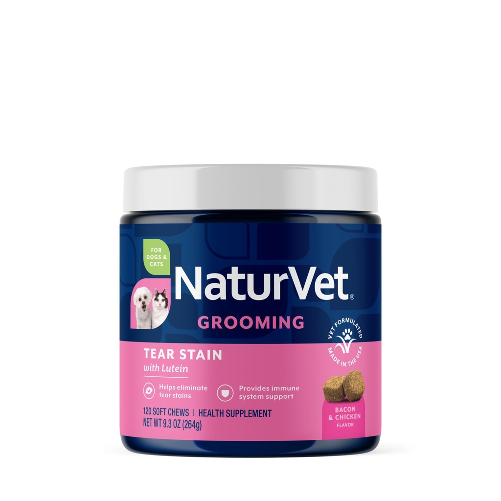 NaturVet Lutein Tear Stain kosttilskudd for hunder og katter - hindrer Tear Stains for hund, Cat Breeds - Inkluderer Oregon Grape Root, Marshmallow Root, Cranberry Extract - 120 Ct.