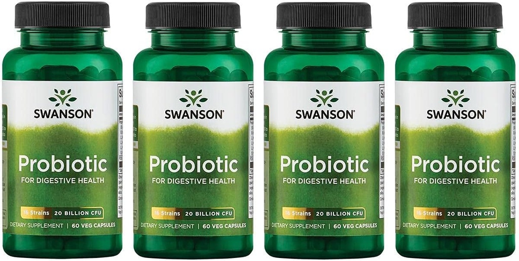 Swanson Probiotic for Digestive Health GI Tract Immune Support reisende støtte 20 milliarder CFU med prebiotiske FOS 60 Veggie kapsler (4 pakke)