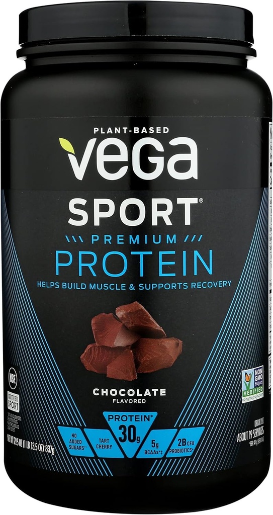 Vega Sport Premium Protein pulver, sjokolade, vegansk, 30g Plante Basert protein, 5g BCAA, lav carb, ingen sukker, keto, mørkefri, glutenfri og ikke-GMO, eraprotein for kvinner og menn, 29,5 Oz