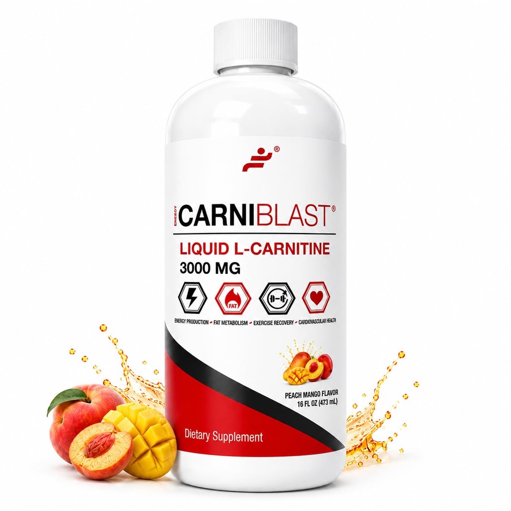 Bricker Labs CARNIBLAST Flytende L-karnitin 3000mg – Carnipure® Sports Ernæring Supplement for energi, Stamina & Trening Recovery – Peach Mango Flavor, 16 Fl Oz, Vegansk, Glutenfri, Ikke-GMO
