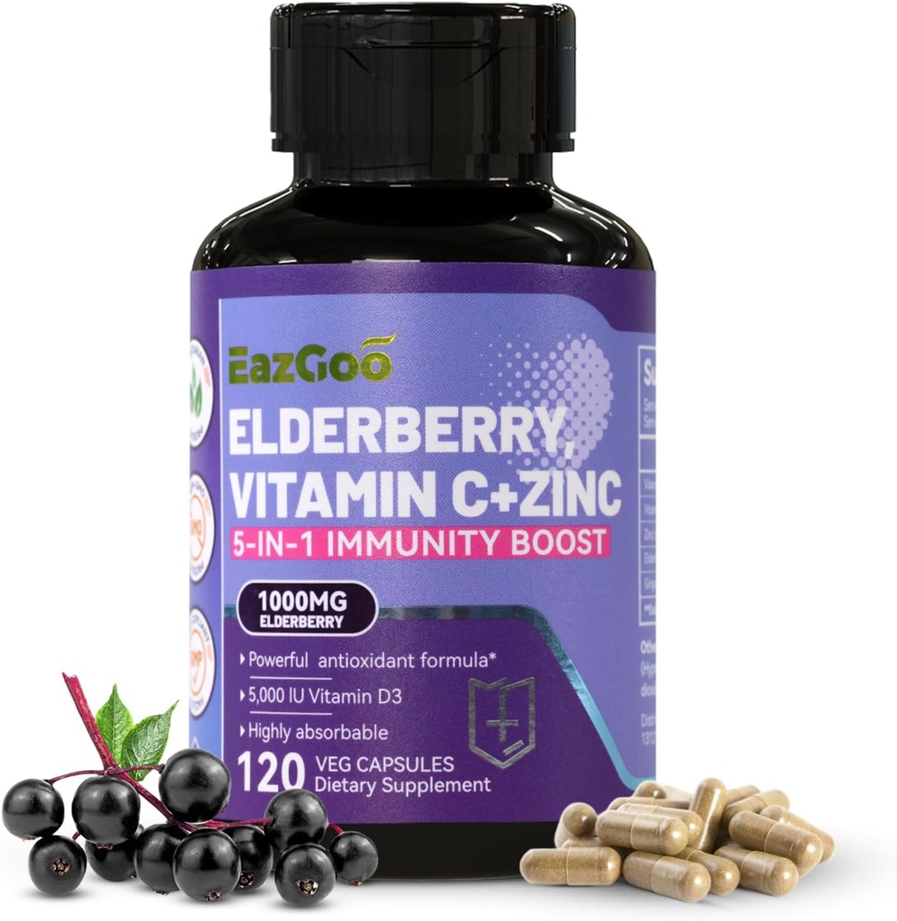 Sambucus Elderberry med sink og vitamin C - 5 i 1 immun støtte supplement, ikke-GMO, 120 vegetariske kapsler, 2 måneders forsyning
