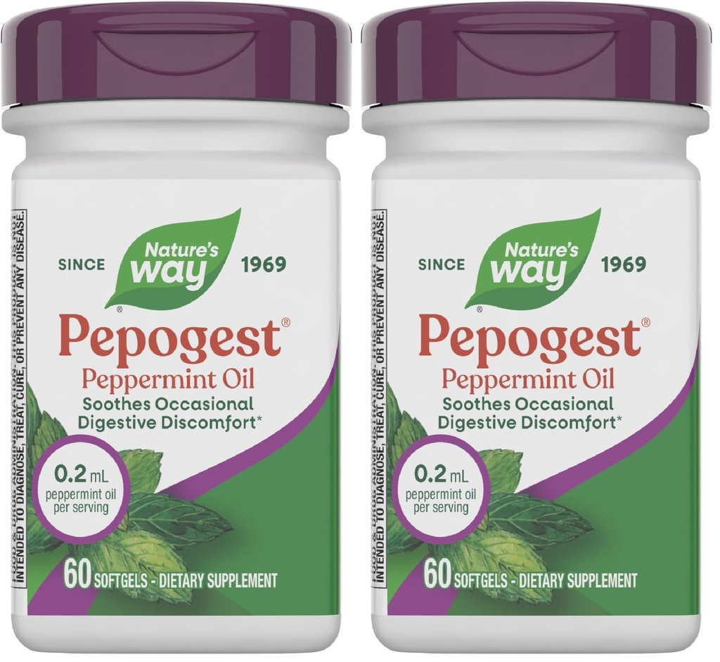 Naturens måte Pepogest Peppermint Olje, Sootes Avslappende Gastrointestinal Discomfort*, 60 Softgels (Pack of 2)