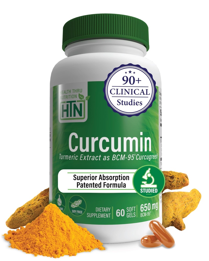 Helse Thru Nutrition Curcumin 650mg BCM-95 Curcugreen | Turmeric Curcumin Complex | Høy absorpsjon | Helse inflammasjonsrespons | Klinisk studert | 3. parti testet | Ikke-GMO (pakke på 60)