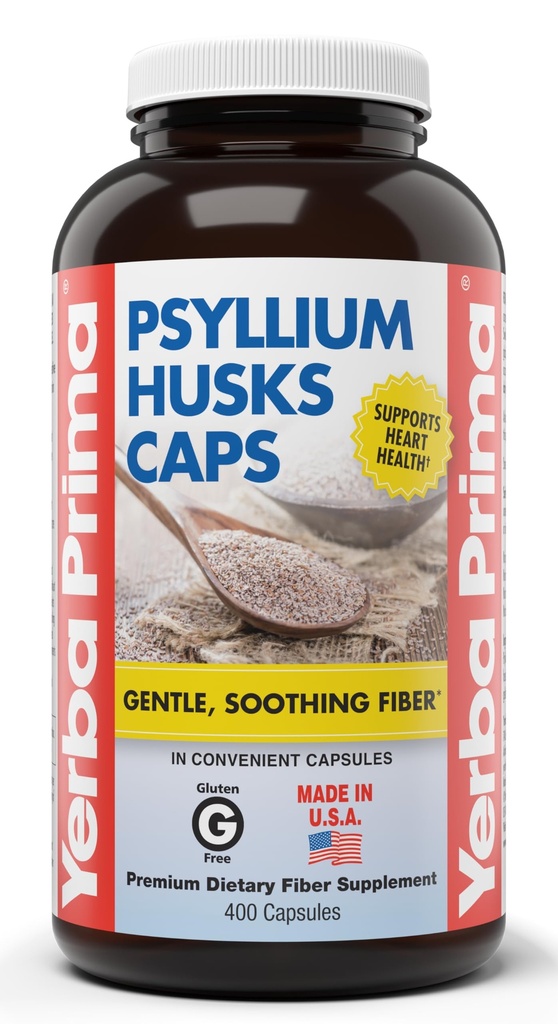 Yerba Prima Psyllium Huss Caps, 625 mg, 400 kapsler - naturlig fiber for menn og kvinner - regelmessig støtte Supplement