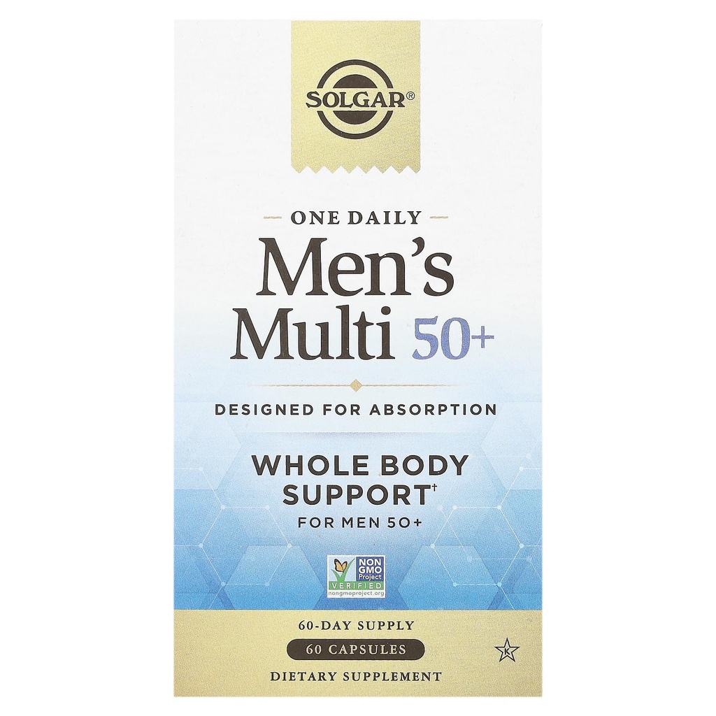 Solgar én daglig menns multi 50+ hele kroppen støtte for menn 50 og eldre høyabsorberbar forsinket release hjerte, energi, stress, muskel, bein, prostata støtte vitamin 60 vegansk kapsler, 60 serveringer