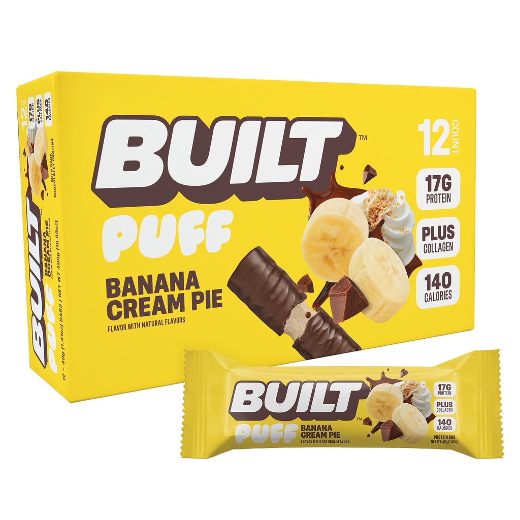Bygget Bar, Puff Protein Bars, Banan Cream Pie Puff, 17g Protein Snacks, On-The-Go Bars, Kun 140 kalorier, 6g sukker, kollagen, Glutenfri, 12 greve