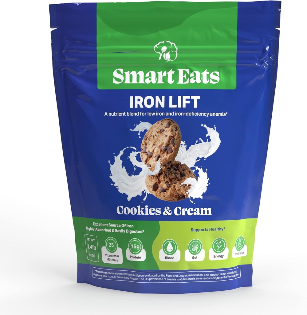 Smart Eats Jernløft | Powder Iron Supplement | Mer energi | Gentle Iron | Støtte Hår, Hud, Digestion | Flott for barn og voksne | Makes Tastige drinker / Smoothies | Cookies & Cream | 30 Scoops
