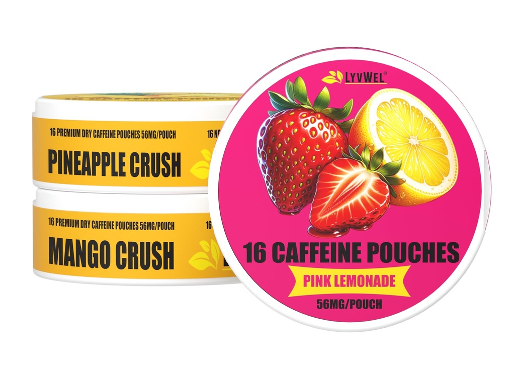LyvWel 56mg Koffein Energi Poucher - rosa sitronade, Pineapple Crush, Mango Crush - fruktig ren energi og fokus Boost med Guarana - 3-Pack prøvespiller (48 Total Pouches)