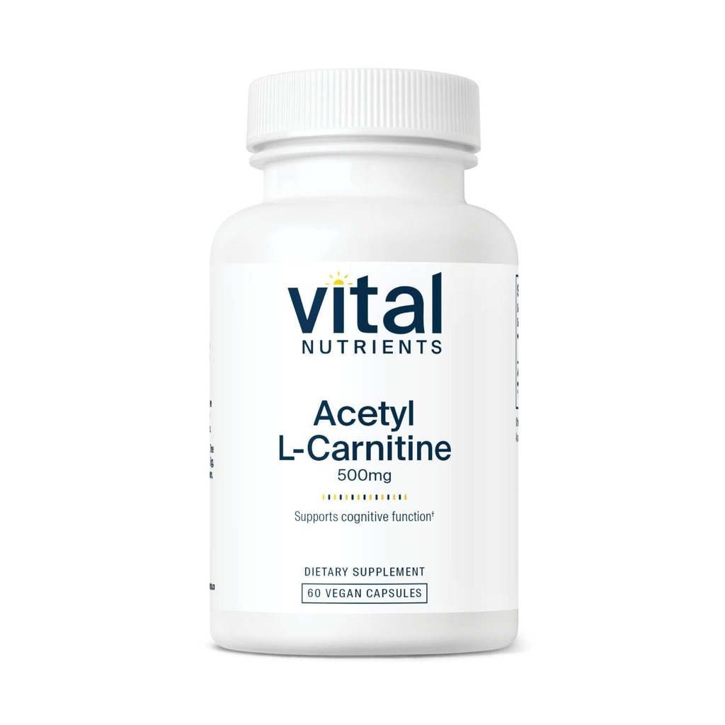 Vitale næringsstoffer Acetyl L-karnitin 500 mg | Hjerne, minne og kognitiv støtte Supplement * | Vegan | Gluten, Dairy, Soya Free | Ikke-GMO | 60 kapsler