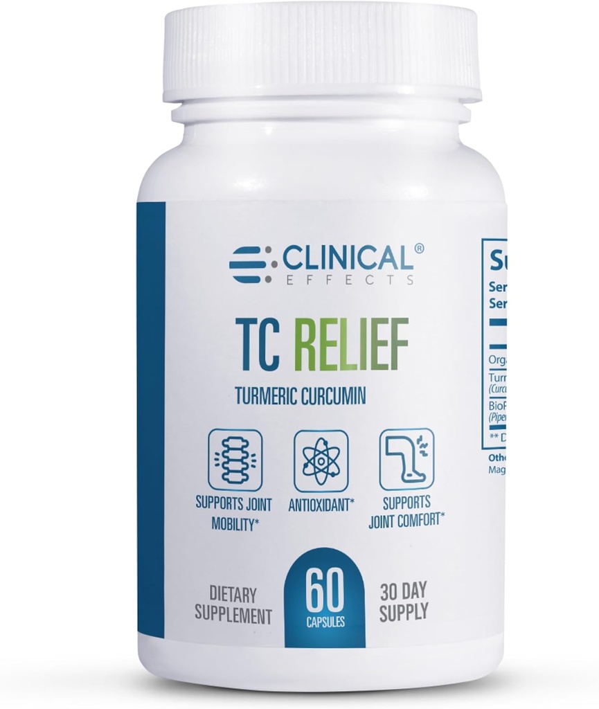 Kliniske effekter TC Relief - Turmeric Curcumin med Bioperine Black Pepper - Fellestilskudd for komfort og mobilitet - 60 kapsler