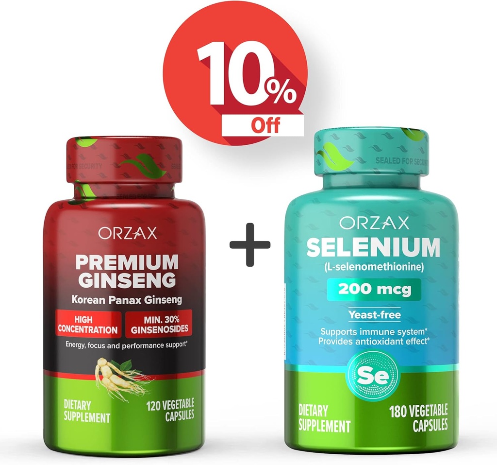 ORZAX Premium Ginseng 120 Vegatable kapsler og Selenium 200 Mg 180 Vegatable kapsler, Bundle