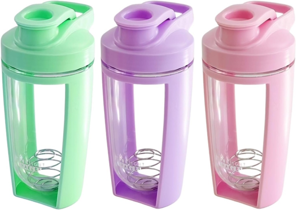 Moonlight Makers Sett av 3 Søte 16oz Protein Shaker Flaske, Stål Whisk Ball - Lekksikker, Oppvaskmaskin Safe Gym Flaske, Shaker Cups for Protein Shakes, Preworkout Drinks Mixer Cup - rosa, grønn, lilla