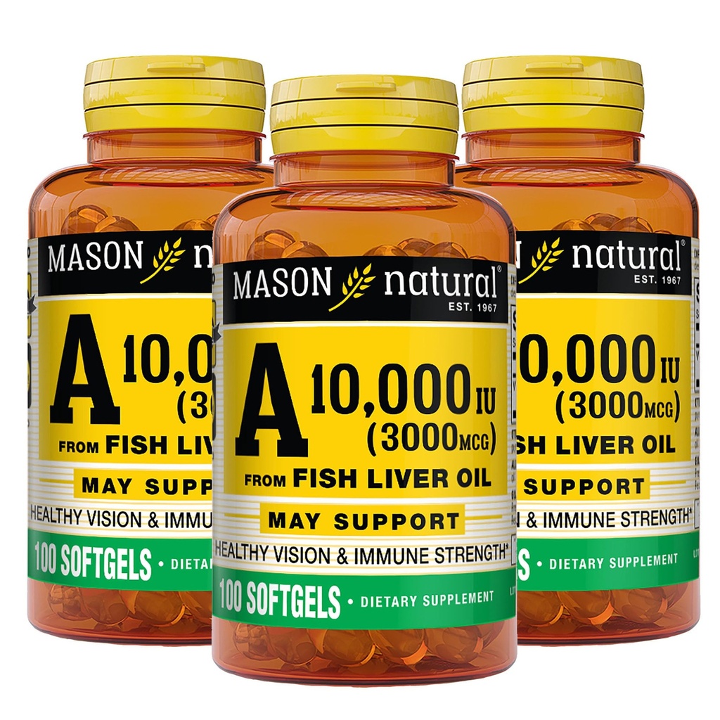 MASON NATURAL Vitamin A 3000 mikrog (10 000 IE) fra fisk leverolje, støtter visjon og immun helse, 100 Softgels, pakke med 3