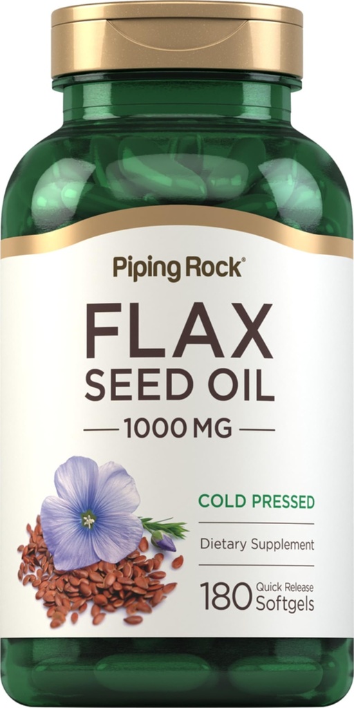 Piping Rock Flaksfrø Olje 1000 mg Softgel Kapsler | 180 greve | Cold Pressed Supplement | Ikke-GMO, Glutenfri