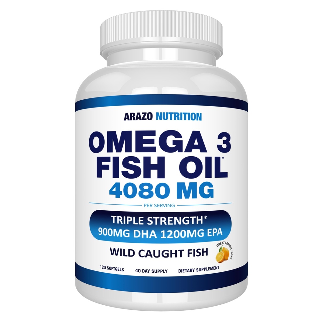 Arazo Ernæring Wild Fanget Omega-3 fisk olje konsentrat – 4,080mg per servering – høy EPA 1200mg & DHA 900mg – 120 Burpless sitron Softgels