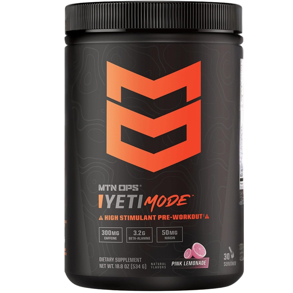 MTN OPS Yeti-modus Pre-Workout pulver - eksplosiv høystimulant med 300 mg koffein, kreatinmonohydrat, beta-alanin og 45 mg niacin - rosa sitronadeflavor i 30 servering tub
