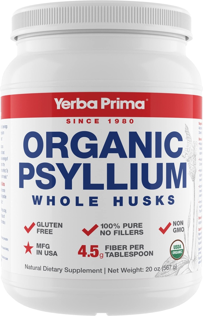 Yerba Prima Økologisk Psyllium Hele Huss Colon Cleanser - 20 oz - Naturlig daglig diett Fiber Supplement 20oz, Colon Cleanser, Regelmessig & Detox Cleansing Support, Glutenfri, Ikke GMO, Vegan